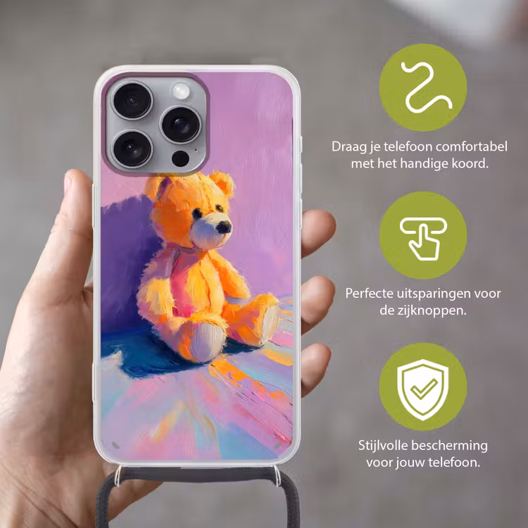 Teddybeer - Schaduw - Penseelstreken - Paars Hoesje iPhone 16 Pro Max met koord klein -sfeer2_NL