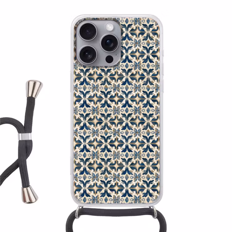 Tegel - Patroon - Blauw - Beige Hoesje iPhone 16 Pro Max met koord klein 804 -3d
