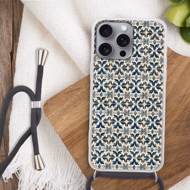 Tegel - Patroon - Blauw - Beige Hoesje iPhone 16 Pro Max met koord klein 804 -sfeer4