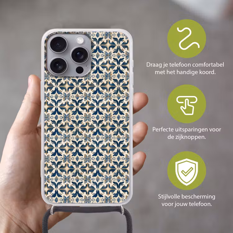 Tegel - Patroon - Blauw - Beige Hoesje iPhone 16 Pro Max met koord klein 804 -sfeer2_NL