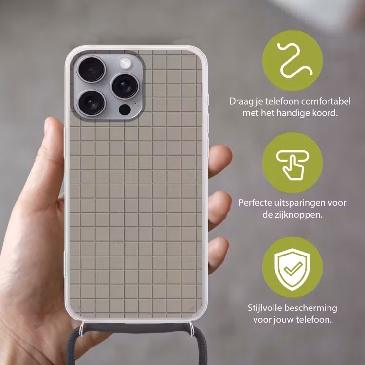 Tegel - Patroon Kiezel - Grijs Hoesje iPhone 16 Pro Max met koord klein 804 -sfeer2_NL