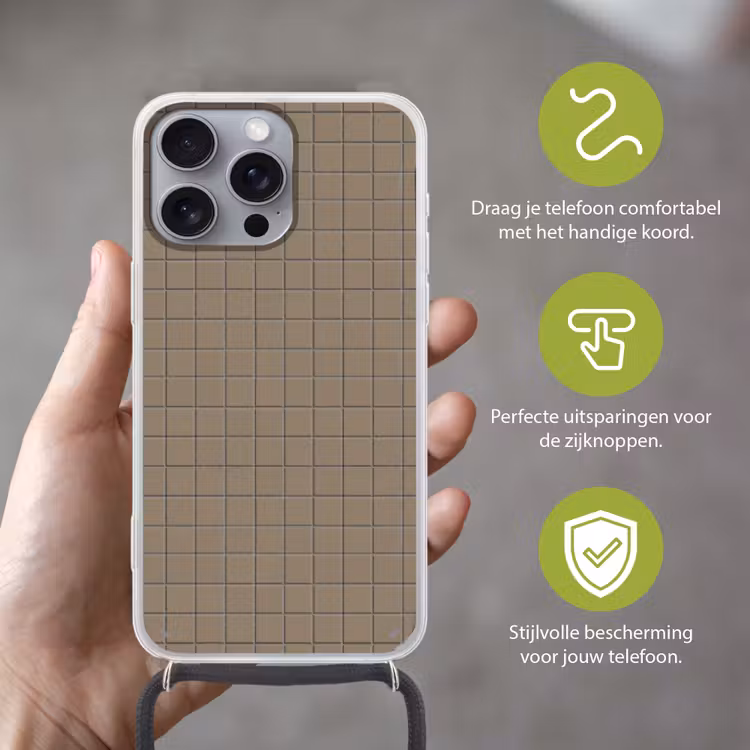 Tegel - Patroon - Taupe Hoesje iPhone 16 Pro Max met koord klein 804 -sfeer2_NL