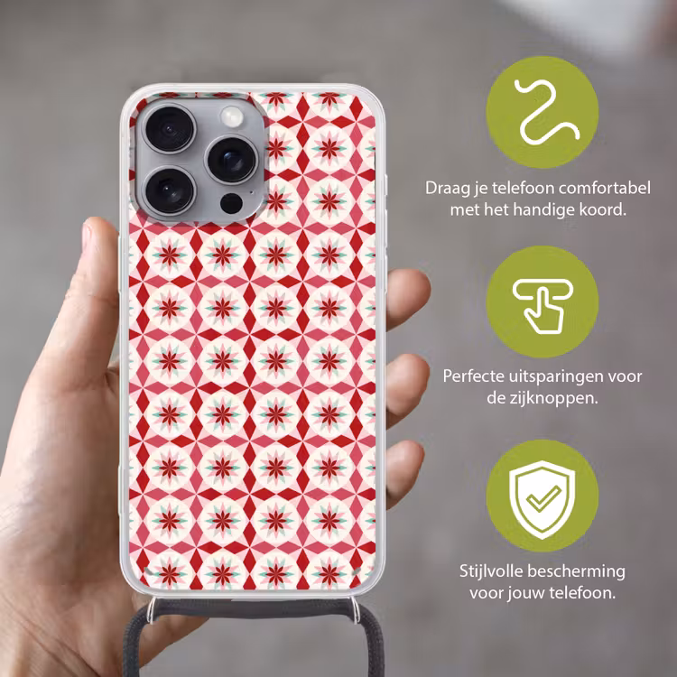 Tegelpatroon - Sterren - Retro - Roze - Mintgroen Hoesje iPhone 16 Pro Max met koord klein 804 -sfeer2_NL