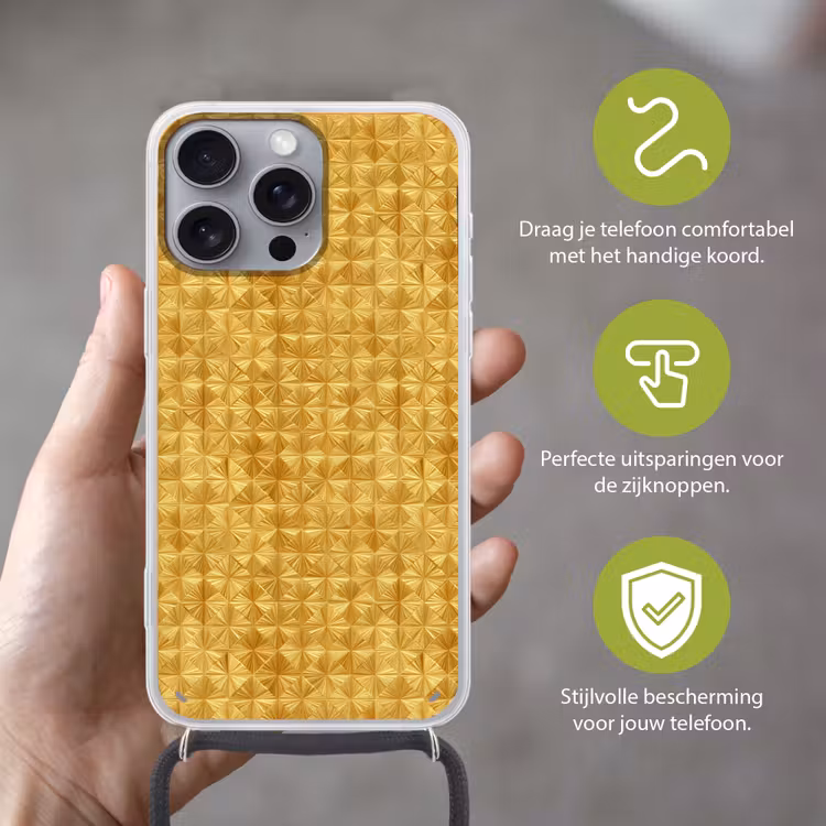 Tegels - Geometrisch - Reliëf - Goud Hoesje iPhone 16 Pro Max met koord klein 804 -sfeer2_NL