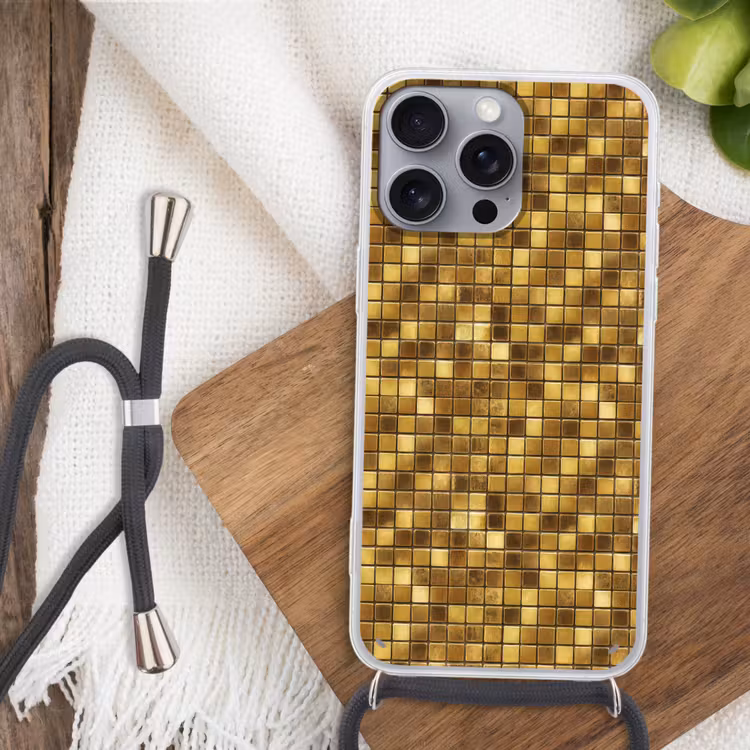 Tegels - Mozaïek - Luxe - Warm Goud Hoesje iPhone 16 Pro Max met koord klein 804 -sfeer4