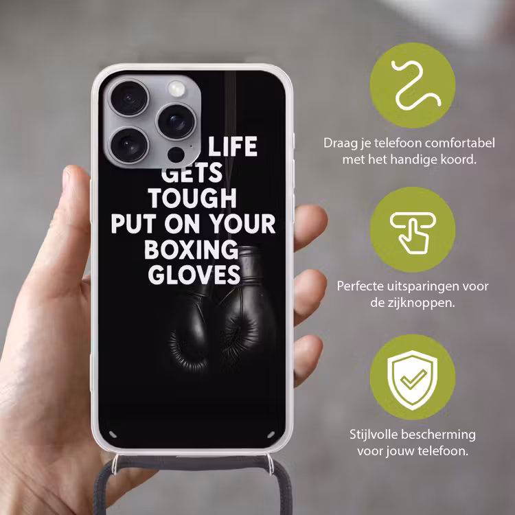 Tekst - Bokshandschoenen - Wit Hoesje iPhone 16 Pro Max met koord klein -sfeer2_NL