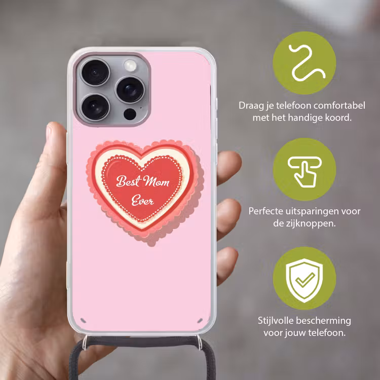 Tekst - Hartje - Moeder - Roze Hoesje iPhone 16 Pro Max met koord klein -sfeer2_NL