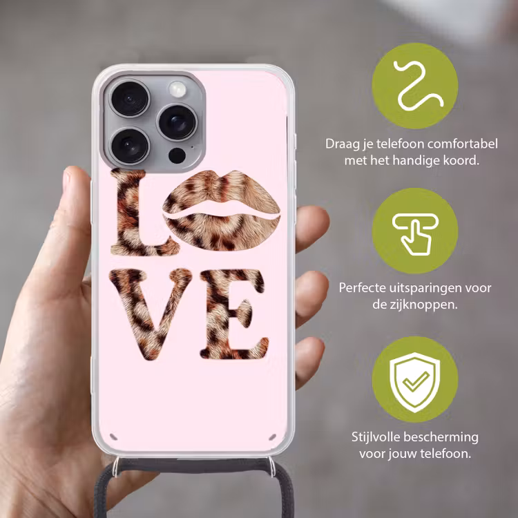 Tekst - Love - Pantervacht - Lichtroze Hoesje iPhone 16 Pro Max met koord klein -sfeer2_NL