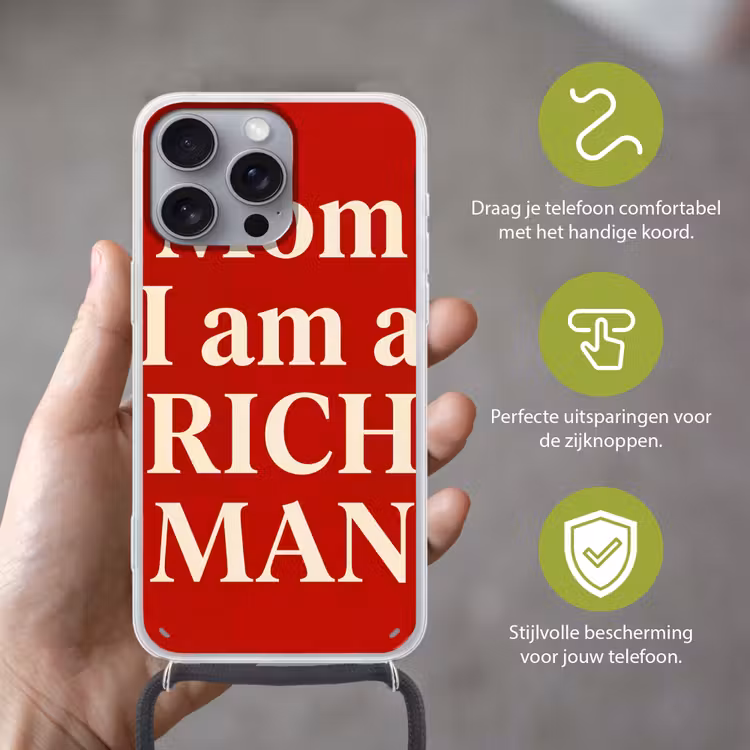 Tekst - Rijkdom - Motivatie - Rood - Modern Hoesje iPhone 16 Pro Max met koord klein -sfeer2_NL