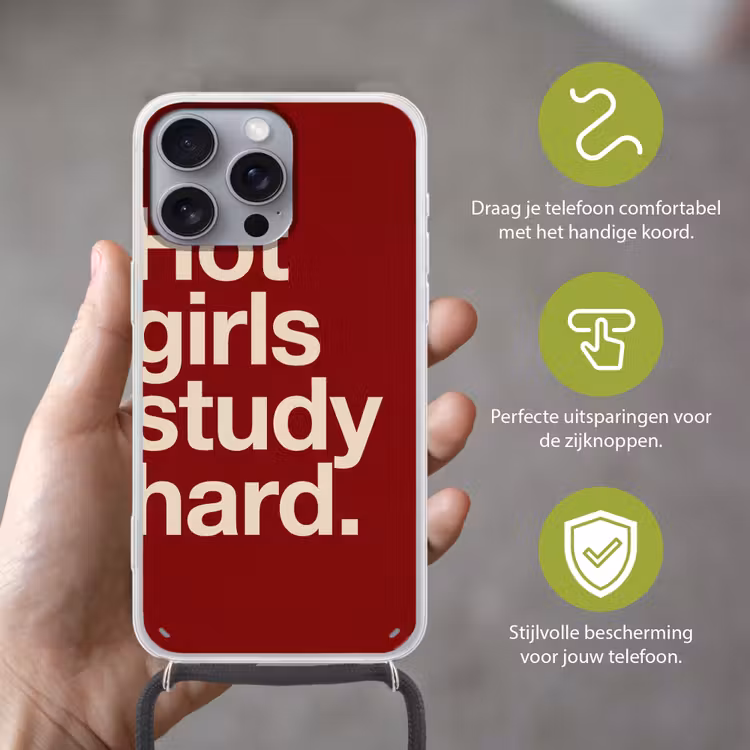 Tekst - Studie - Motivatie - Modern - Rood Hoesje iPhone 16 Pro Max met koord klein -sfeer2_NL