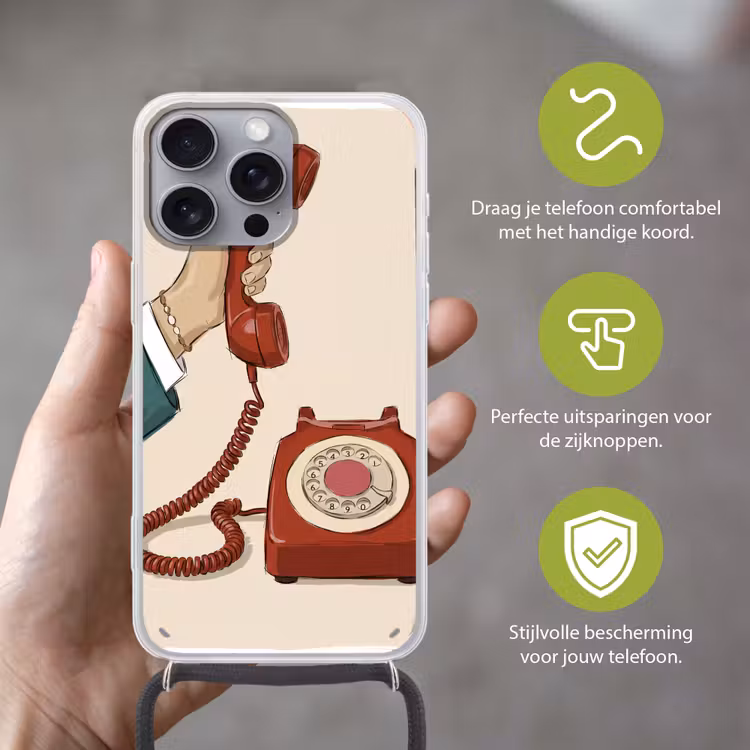Telefoon - Hand - Vintage - Communicatie - Rood Hoesje iPhone 16 Pro Max met koord klein -sfeer2_NL