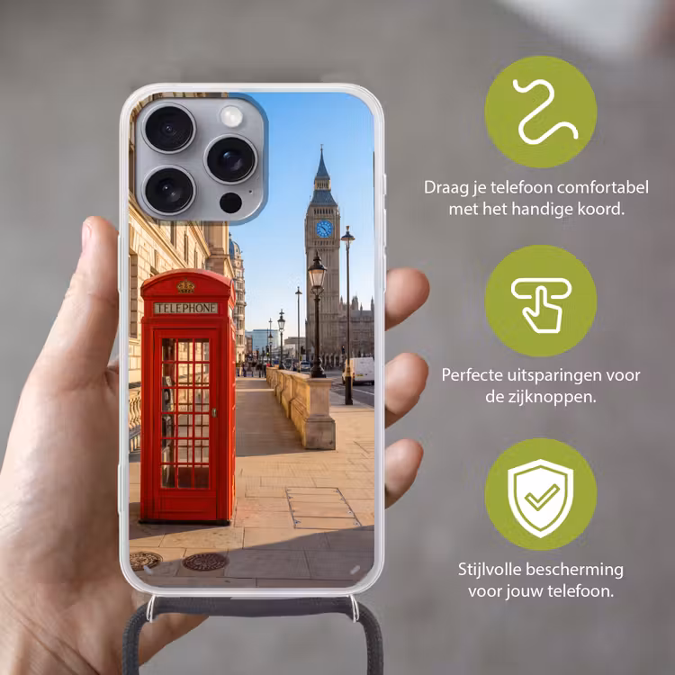 Telefooncel - Rood - Londen - Stad - Architectuur Hoesje iPhone 16 Pro Max met koord klein -sfeer2_NL