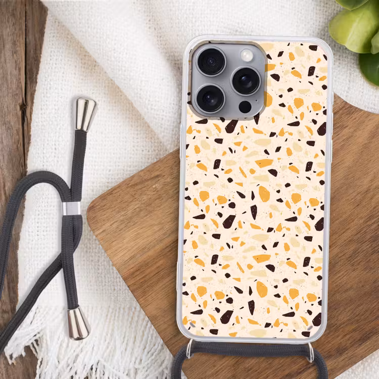 Terrazzo - Patroon - Geel - Hoesje iPhone 16 Pro Max met koord klein 804 -sfeer4