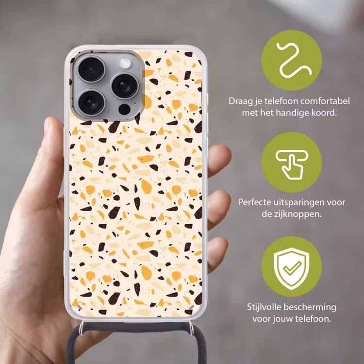 Terrazzo - Patroon - Geel - Hoesje iPhone 16 Pro Max met koord klein 804 -sfeer2_NL