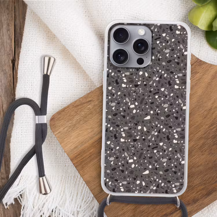 Terrazzo - Patroon - Grijs Hoesje iPhone 16 Pro Max met koord klein 804 -sfeer4