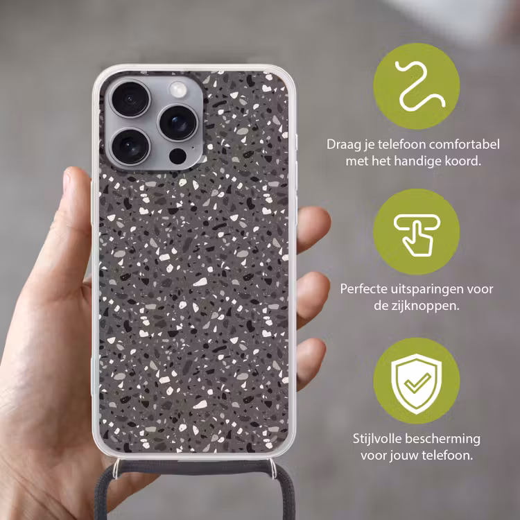 Terrazzo - Patroon - Grijs Hoesje iPhone 16 Pro Max met koord klein 804 -sfeer2_NL