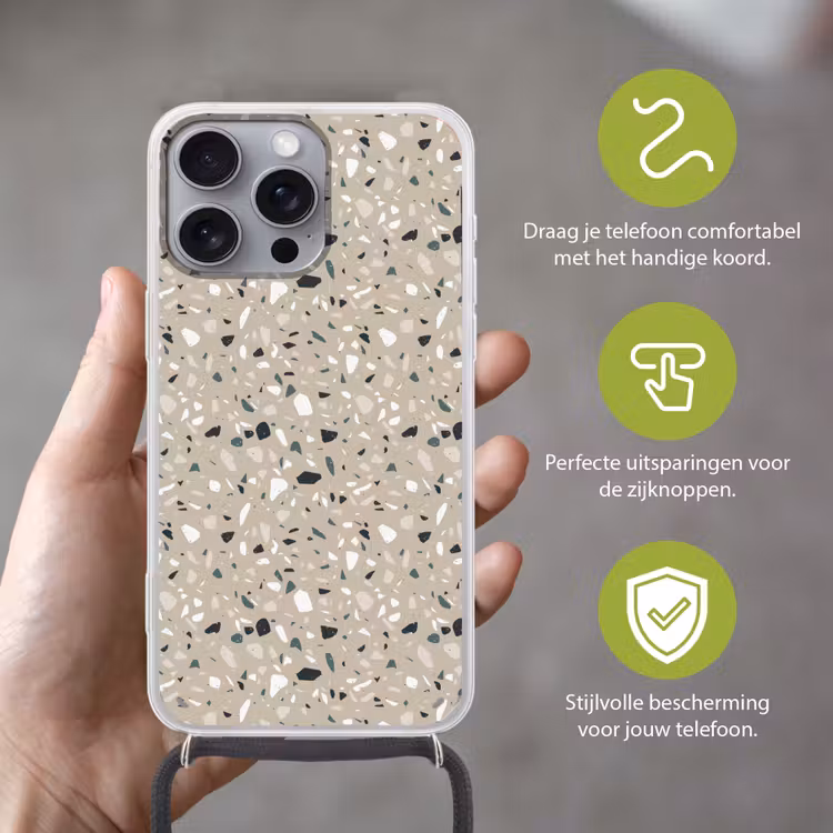 Terrazzo - Patroon - Groen Hoesje iPhone 16 Pro Max met koord klein 804 -sfeer2_NL