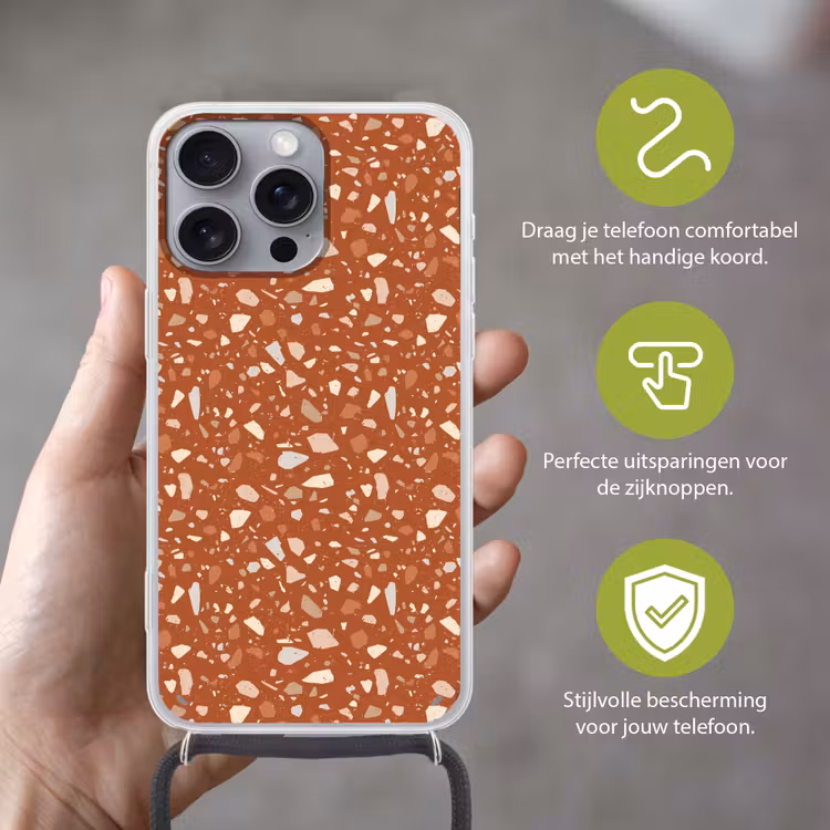 Terrazzo - Patroon - Klei Hoesje iPhone 16 Pro Max met koord klein 804 -sfeer2_NL
