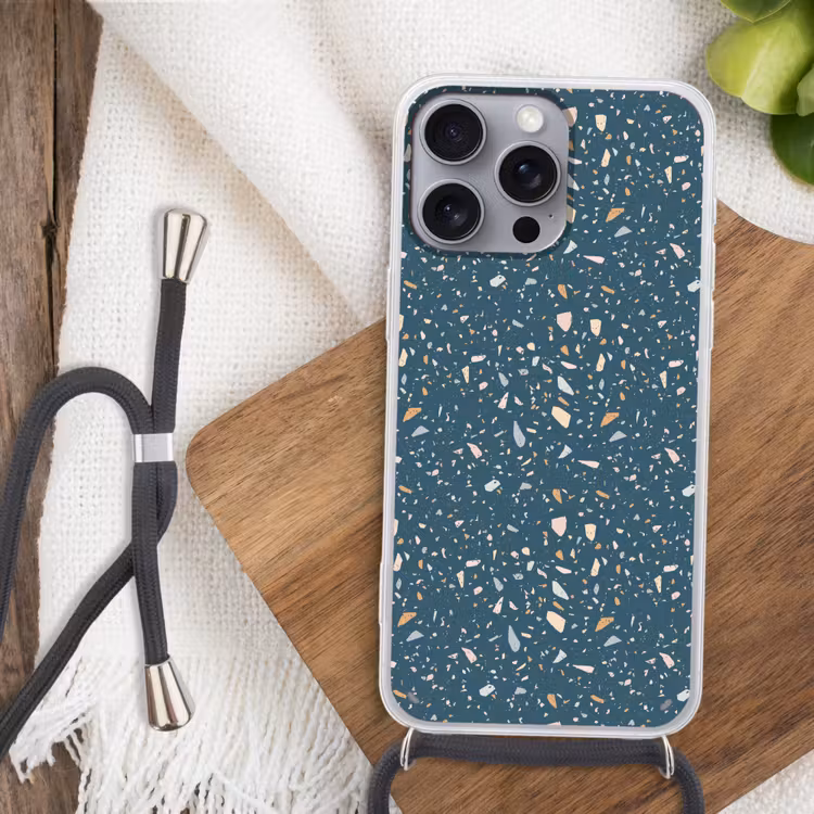 Terrazzo - Patroon - Kleurrijk - Diep blauw Hoesje iPhone 16 Pro Max met koord klein 804 -sfeer4