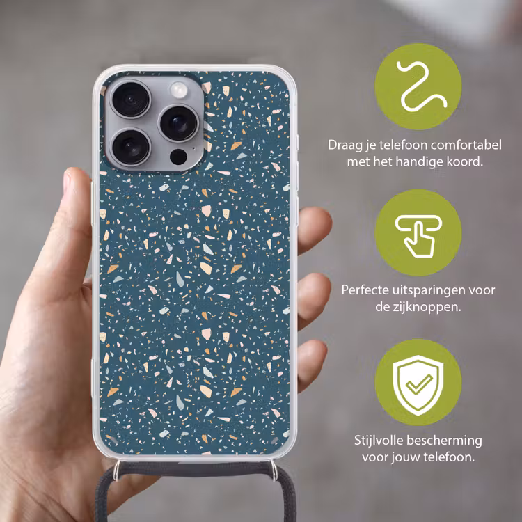 Terrazzo - Patroon - Kleurrijk - Diep blauw Hoesje iPhone 16 Pro Max met koord klein 804 -sfeer2_NL