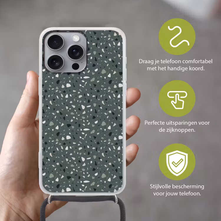 Terrazzo - Patroon - Kleurrijk - Groen Hoesje iPhone 16 Pro Max met koord klein 804 -sfeer2_NL