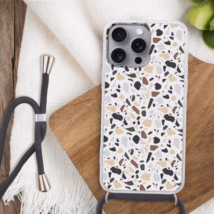Terrazzo - Patroon - Kleurrijk - Klei Hoesje iPhone 16 Pro Max met koord klein 804 -sfeer4