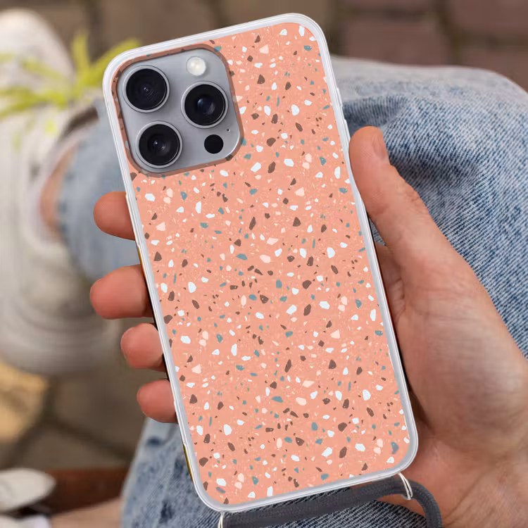 Terrazzo - Patroon - Kleurrijk - Roze - Blauw Hoesje iPhone 16 Pro Max met koord klein 804 -sfeer3