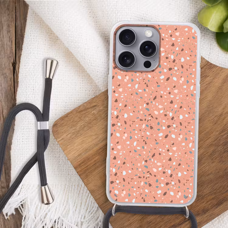 Terrazzo - Patroon - Kleurrijk - Roze - Blauw Hoesje iPhone 16 Pro Max met koord klein 804 -sfeer4