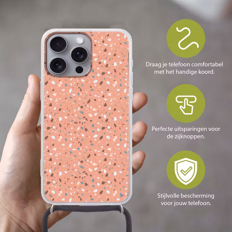 Terrazzo - Patroon - Kleurrijk - Roze - Blauw Hoesje iPhone 16 Pro Max met koord klein 804 -sfeer2_NL