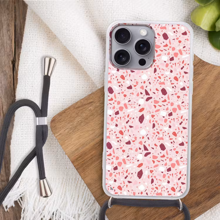 Terrazzo - Patroon - Roze Hoesje iPhone 16 Pro Max met koord klein 804 -sfeer4