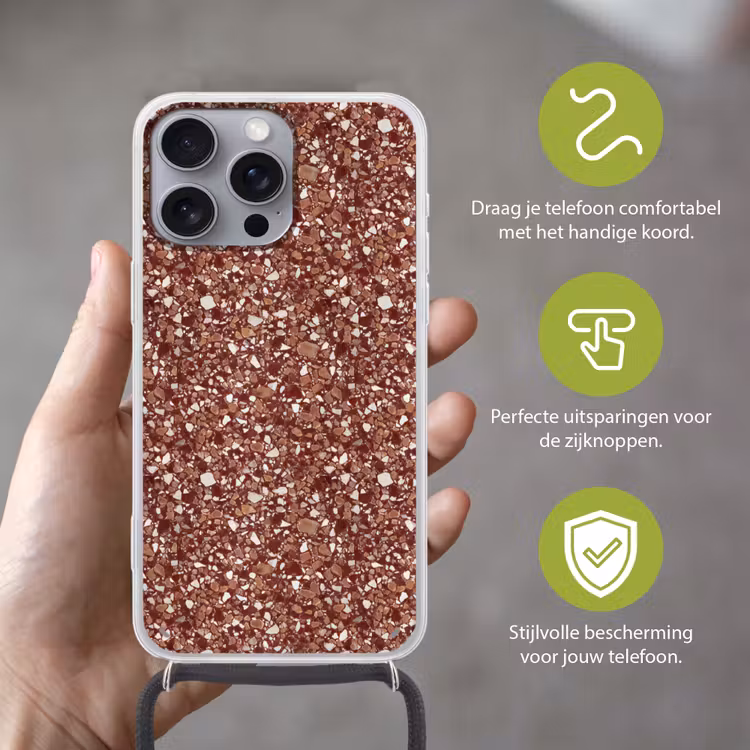 Terrazzo - Patroon - Steentextuur - Roodbruin Hoesje iPhone 16 Pro Max met koord klein 804 -sfeer2_NL