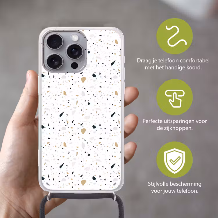 Terrazzo - Patroon - Wit - Neutraal Hoesje iPhone 16 Pro Max met koord klein 804 -sfeer2_NL