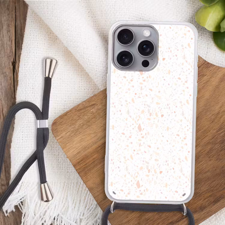 Terrazzo - Patroon - Wit - Perzik Hoesje iPhone 16 Pro Max met koord klein 804 -sfeer4