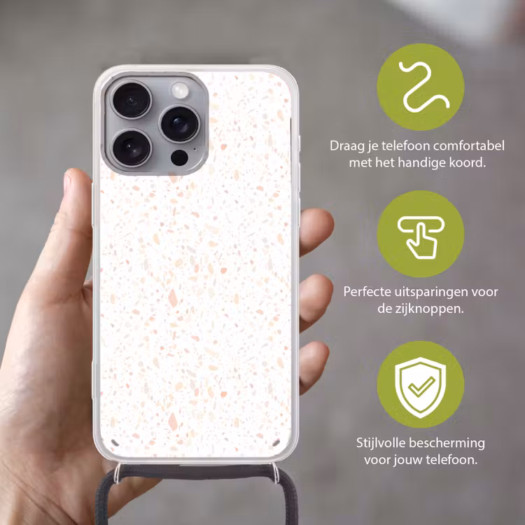 Terrazzo - Patroon - Wit - Perzik Hoesje iPhone 16 Pro Max met koord klein 804 -sfeer2_NL