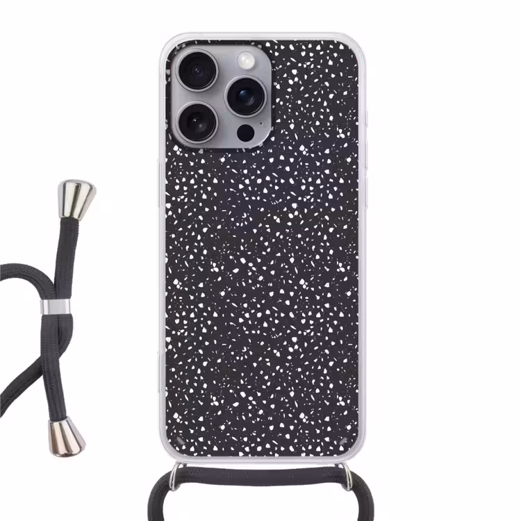 Terrazzo - Patroon - Zwart - Wit Hoesje iPhone 16 Pro Max met koord klein 804 -3d