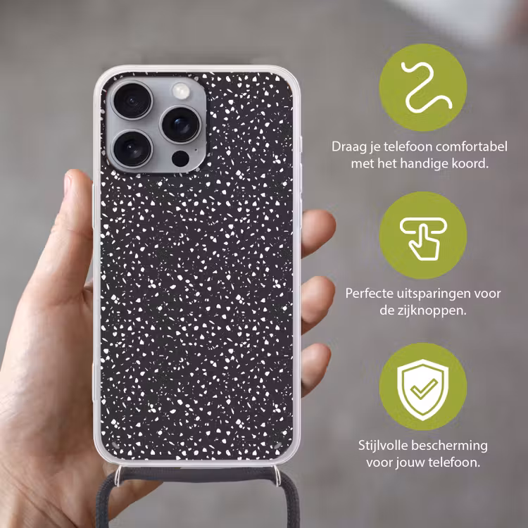 Terrazzo - Patroon - Zwart - Wit Hoesje iPhone 16 Pro Max met koord klein 804 -sfeer2_NL