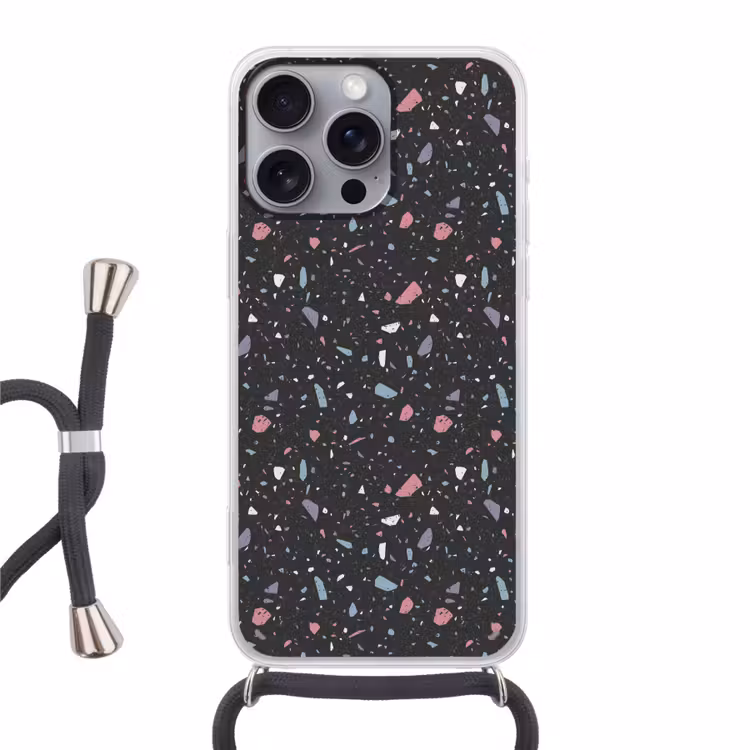 Terrazzo - Patroon - Zwart - Zacht Hoesje iPhone 16 Pro Max met koord klein 804 -3d