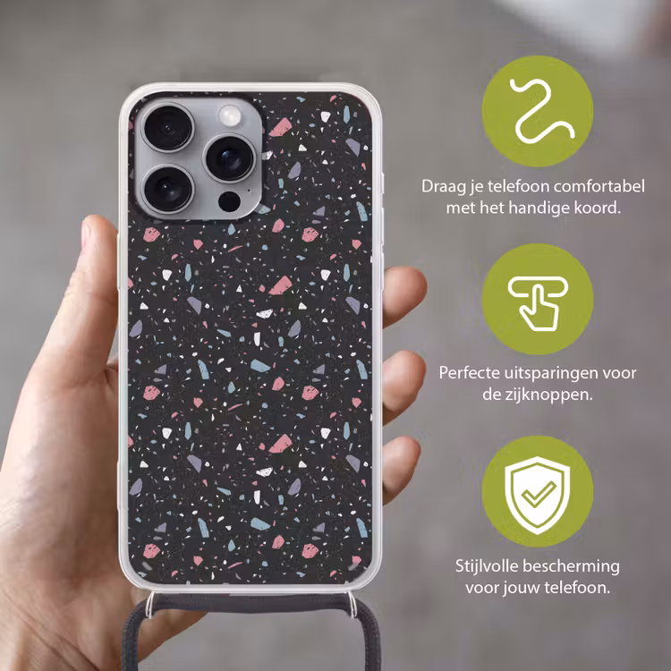 Terrazzo - Patroon - Zwart - Zacht Hoesje iPhone 16 Pro Max met koord klein 804 -sfeer2_NL