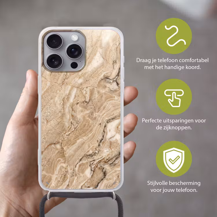 Textuur - Aders - Abstract - Modern - Beige Hoesje iPhone 16 Pro Max met koord klein -sfeer2_NL