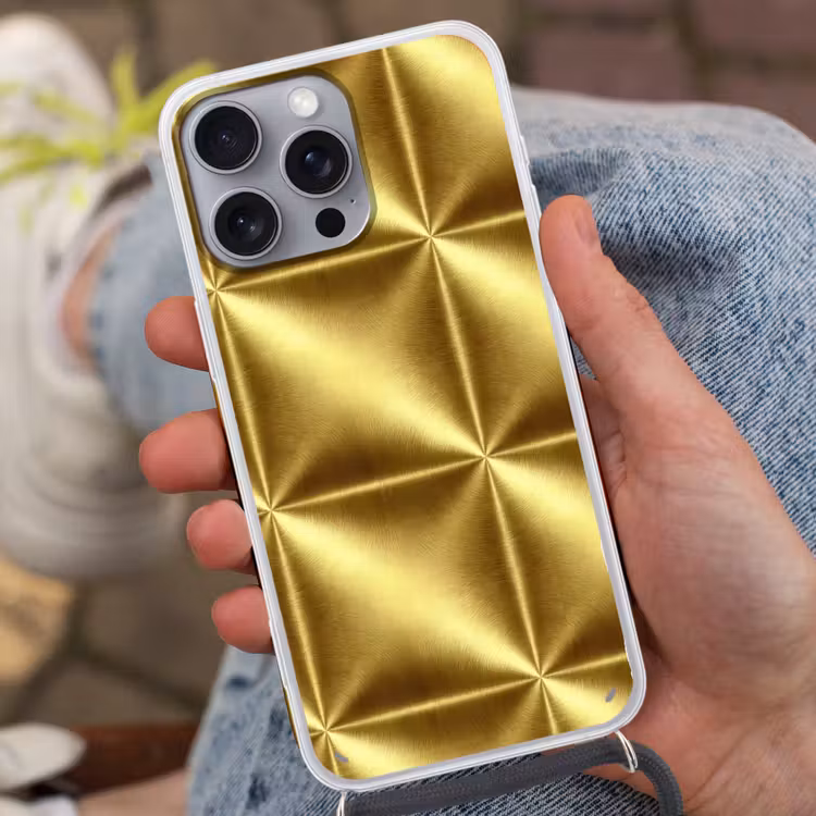 Textuur - Geborsteld Goud - Industrieel - Metallic Hoesje iPhone 16 Pro Max met koord klein 804 -sfeer3