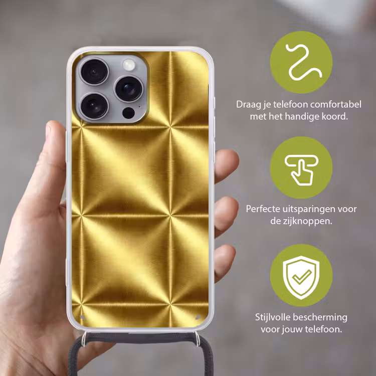 Textuur - Geborsteld Goud - Industrieel - Metallic Hoesje iPhone 16 Pro Max met koord klein 804 -sfeer2_NL