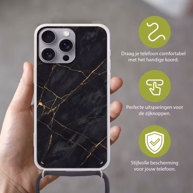 Textuur - Gouden lijnen - Abstract - Modern - Zwart Hoesje iPhone 16 Pro Max met koord klein -sfeer2_NL