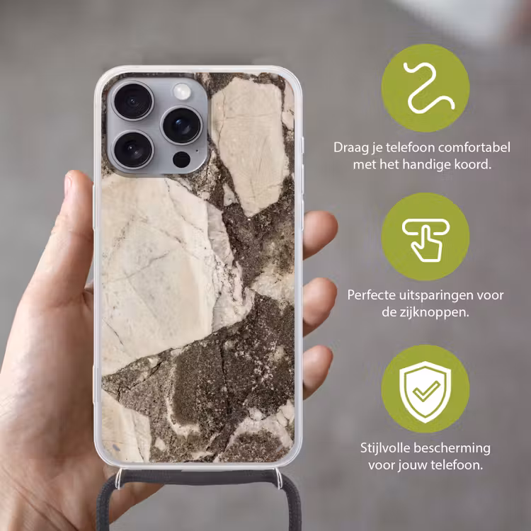 Textuur - Marmer - Abstract - Beige - Bruin Hoesje iPhone 16 Pro Max met koord klein -sfeer2_NL