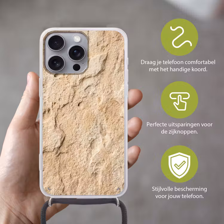Textuur - Steen - Natuur - Beige Hoesje iPhone 16 Pro Max met koord klein -sfeer2_NL
