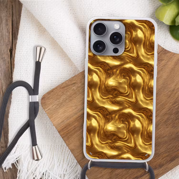 Textuur - Vloeibaar - Organisch - Goud Hoesje iPhone 16 Pro Max met koord klein 804 -sfeer4