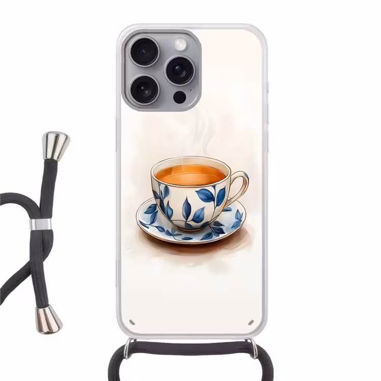 Theekop - Bladeren - Blauw Hoesje iPhone 16 Pro Max met koord klein -3d