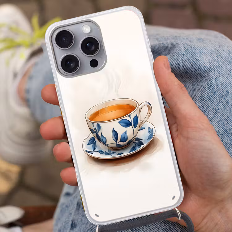 Theekop - Bladeren - Blauw Hoesje iPhone 16 Pro Max met koord klein -sfeer3