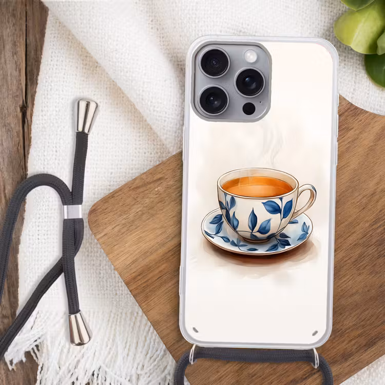 Theekop - Bladeren - Blauw Hoesje iPhone 16 Pro Max met koord klein -sfeer4
