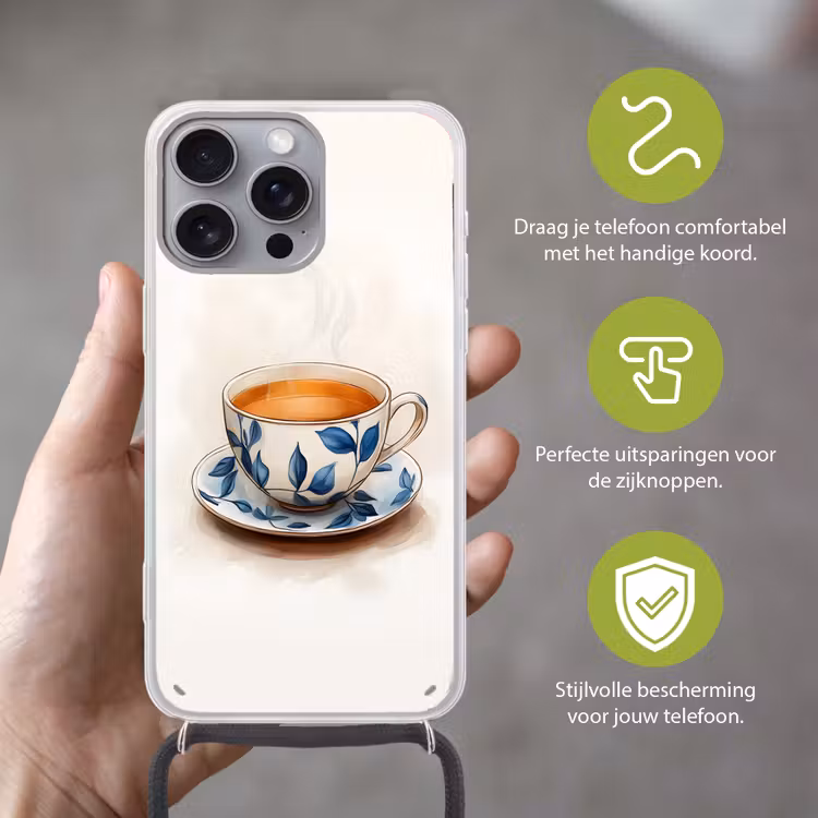 Theekop - Bladeren - Blauw Hoesje iPhone 16 Pro Max met koord klein -sfeer2_NL