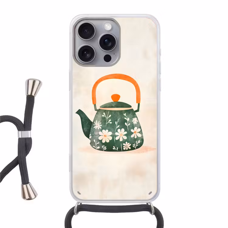 Theepot - Groen - Bloemen - Oranje Hoesje iPhone 16 Pro Max met koord klein -3d